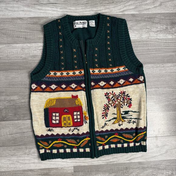 Vintage 90s Cottagecore SweaterVest Red House Scene Forest Green Medium Novelty - Picture 1 of 5
